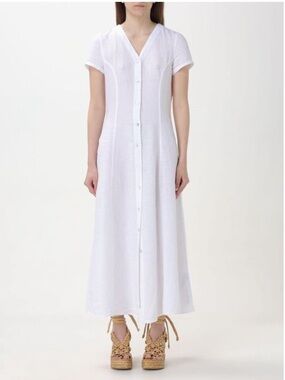 NWT 120% Lino White Linen Maxi Dress Short Sleeves Button Front Size 40 XS